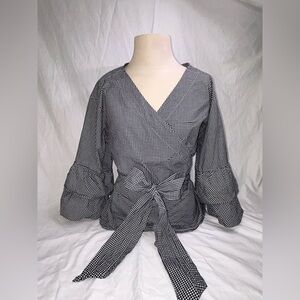 🏁 LOFT Gingham Bell Sleeves Women Wrap Blouse | Size Large | Classic Style